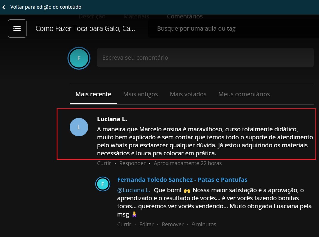 Depoimento 8 de aluno sobre o curso de tocas para gatos