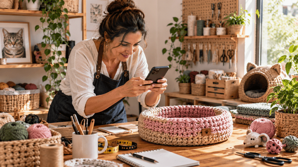 Artesã usando smartphone para fotografar produto artesanal em seu ateliê