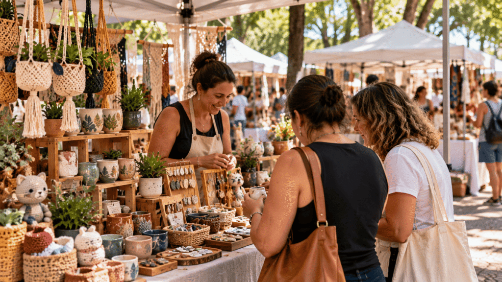Artesã expondo produtos feitos à mão em banca de feira de artesanato