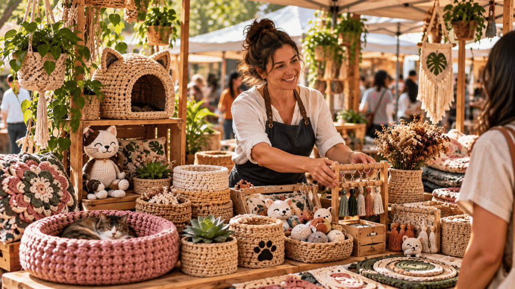 Banca de feira de artesanato com peças em crochê, cestaria e produtos artesanais para venda