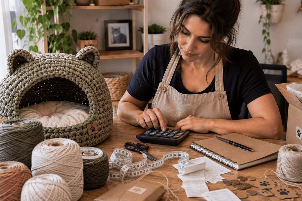 Artesã calculando custos e preço de uma peça artesanal com materiais de produção sobre a mesa