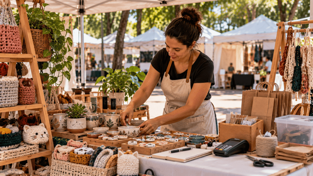 Artesã organizando produtos e preços antes de expor em uma feira