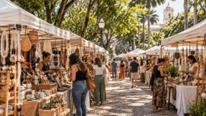 Feira de artesanato com expositores e produtos feitos à mão em Campinas