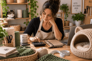 Artesã calculando custos com materiais, calculadora e caderno sobre a mesa de trabalho