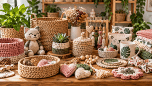 Produtos artesanais variados em crochê, cestaria e tecido expostos sobre mesa de madeira