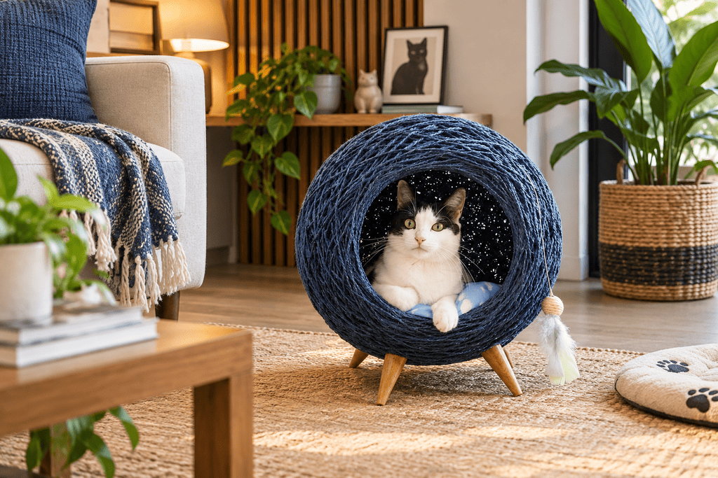 Gata em toca artesanal azul para gatos da Patas e Pantufas
